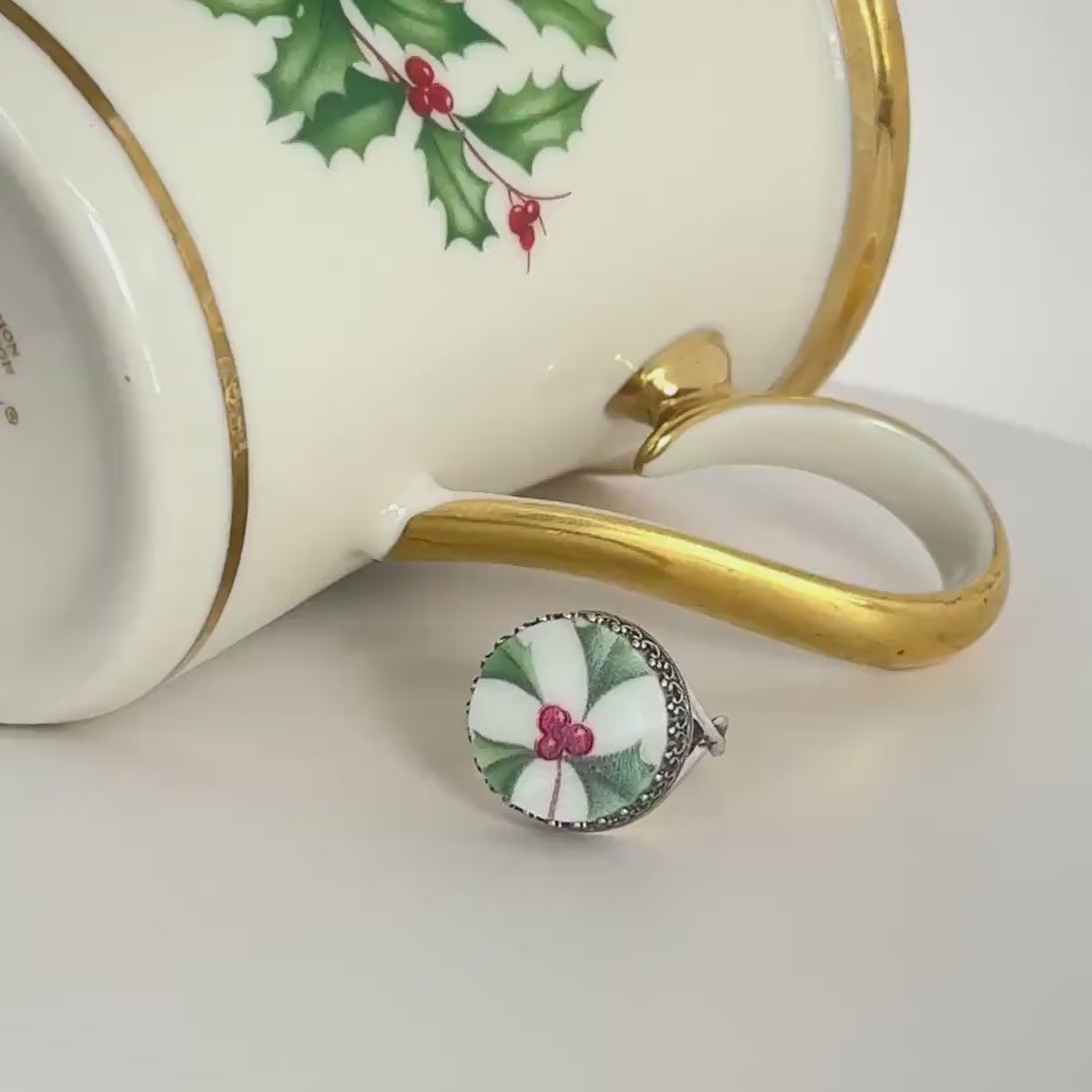 Lenox Holiday Broken China Jewelry Ring, Sterling Silver Christmas Ring, Stocking Stuffers for Her, Christmas Gifts