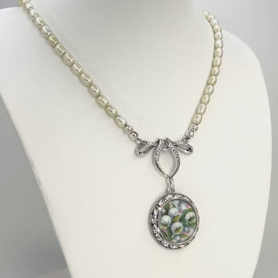 18th Anniversary Porcelain Gift for Wife, Lily of the Valley Necklace, Freshwater Pearl Jewelry, Wedding Anniversary