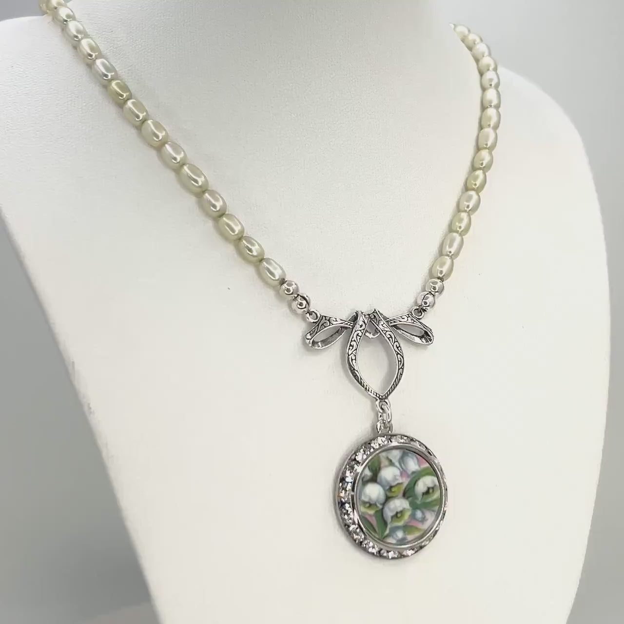18th Anniversary Porcelain Gift for Wife, Lily of the Valley Necklace, Freshwater Pearl Jewelry, Wedding Anniversary