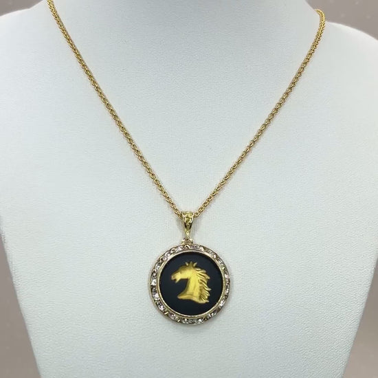 Vintage Wedgwood Horse Cameo Necklace, Black and Gold Equine Gift for Horse Lover, Crystal Jewelry