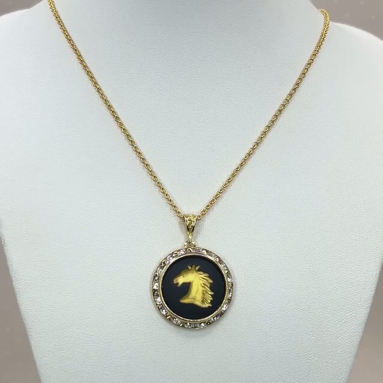 Vintage Wedgwood Horse Cameo Necklace, Black and Gold Equine Gift for Horse Lover, Crystal Jewelry