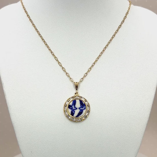 Love Birds Gold Necklace, Blue Willow China Crystal Pendant, 20th Anniversary Gift