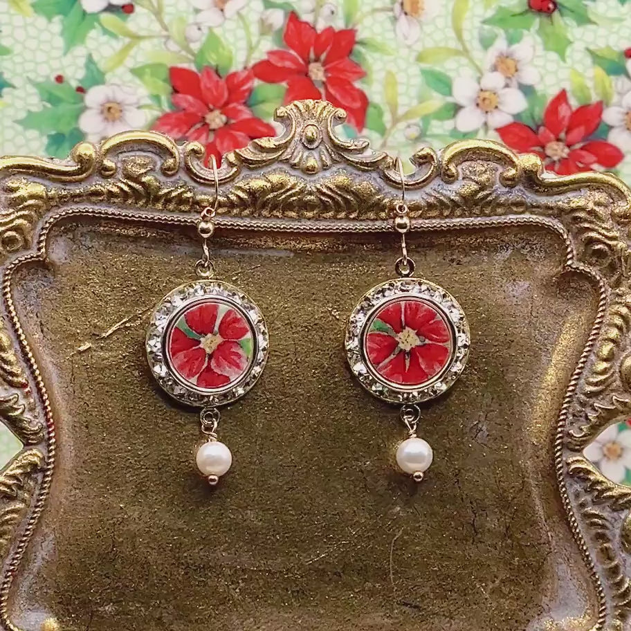 Gold Crystal Earrings, Shabby Chic Broken China Jewelry, Red Poinsettia Pearl Earrings