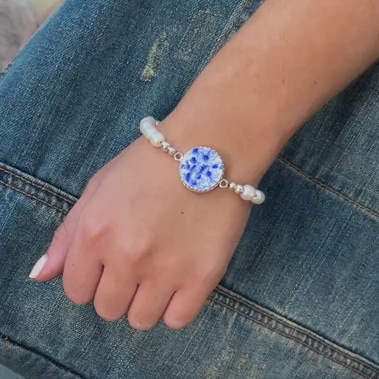 18th Anniversary Porcelain Gift for Wife, Shelley Dainty Blue Jewelry, Pearl Bracelet, Broken China Jewelry