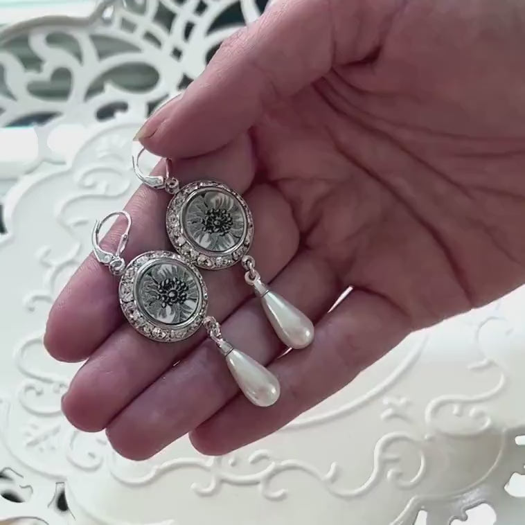 Black and White Broken China Jewelry, Beach Rose Flower Earrings, Vintage Transferware China