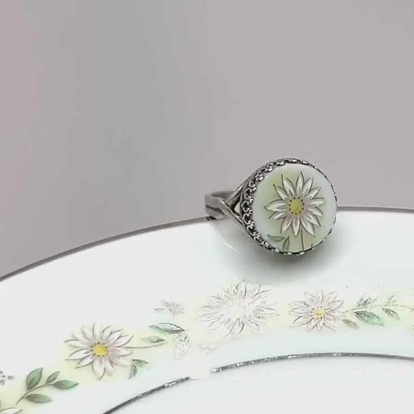 Daisy Vintage Porcelain Sterling Silver Ring, Spring Broken China Jewelry