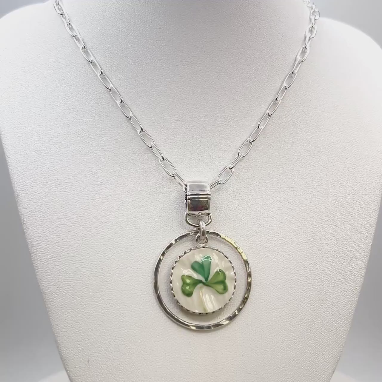 Sterling Silver Shamrock Necklace, Vintage Handmade  Jewelry, Lucky Pendant Necklace, Repurposed Belleek China
