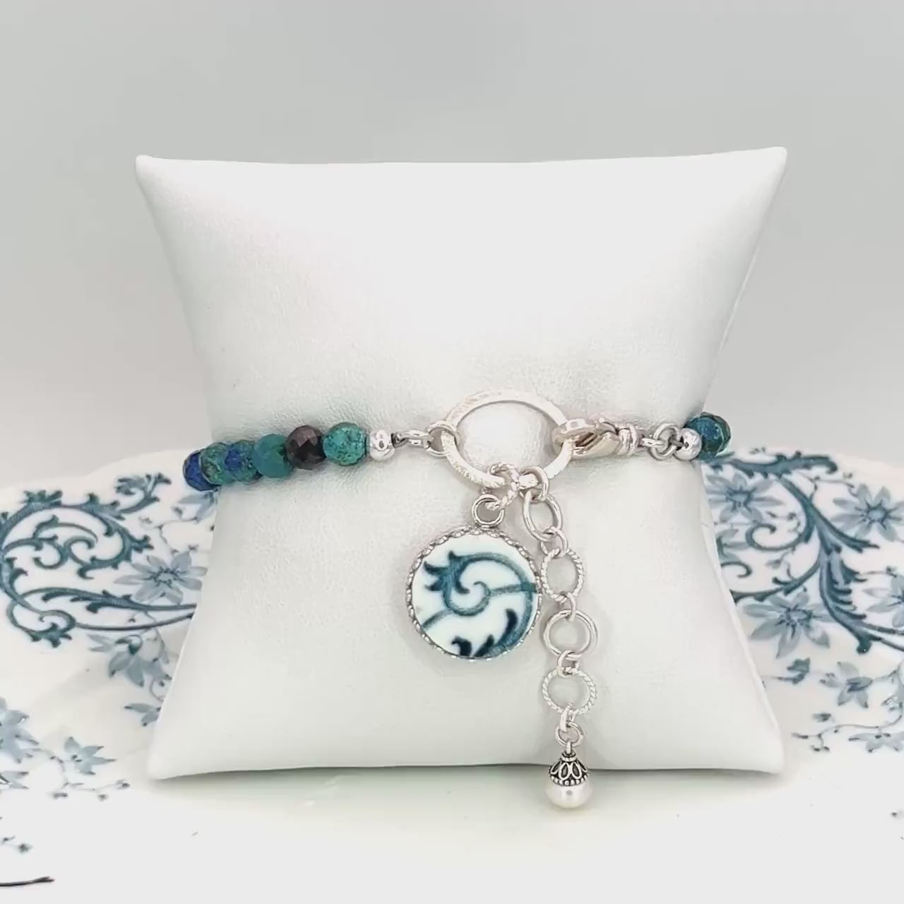 Adjustable Turquoise Charm Bracelet, Porcelain 18th Anniversary Gifts, Sterling Silver Jewelry