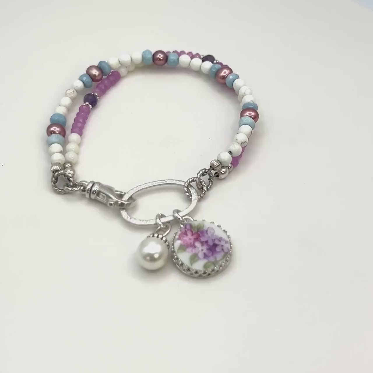 Gemstone Charm Bracelet, Unique 20th Anniversary Gifts for Wife, Purple Lilac Flower Broken China Jewelry