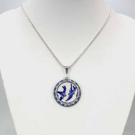 Love Birds 20th Anniversary Gifts for Wife, Blue Willow Vintage China Necklace, Sapphire Blue Crystal Jewelry