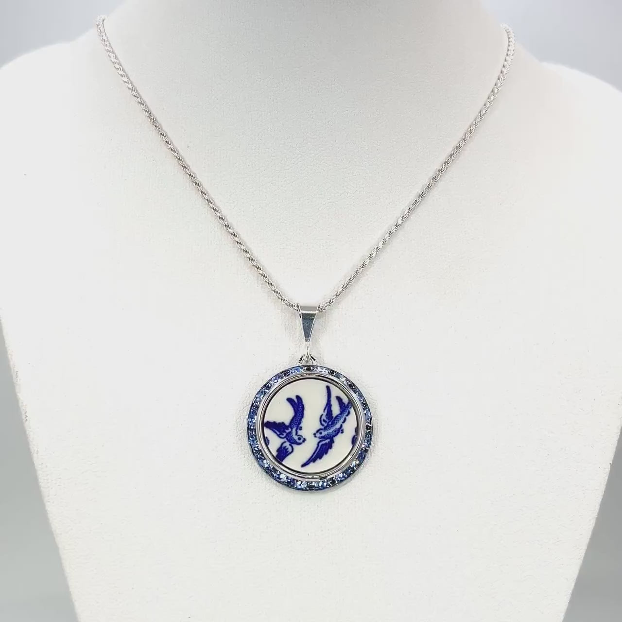 Love Birds 20th Anniversary Gifts for Wife, Blue Willow Vintage China Necklace, Sapphire Blue Crystal Jewelry