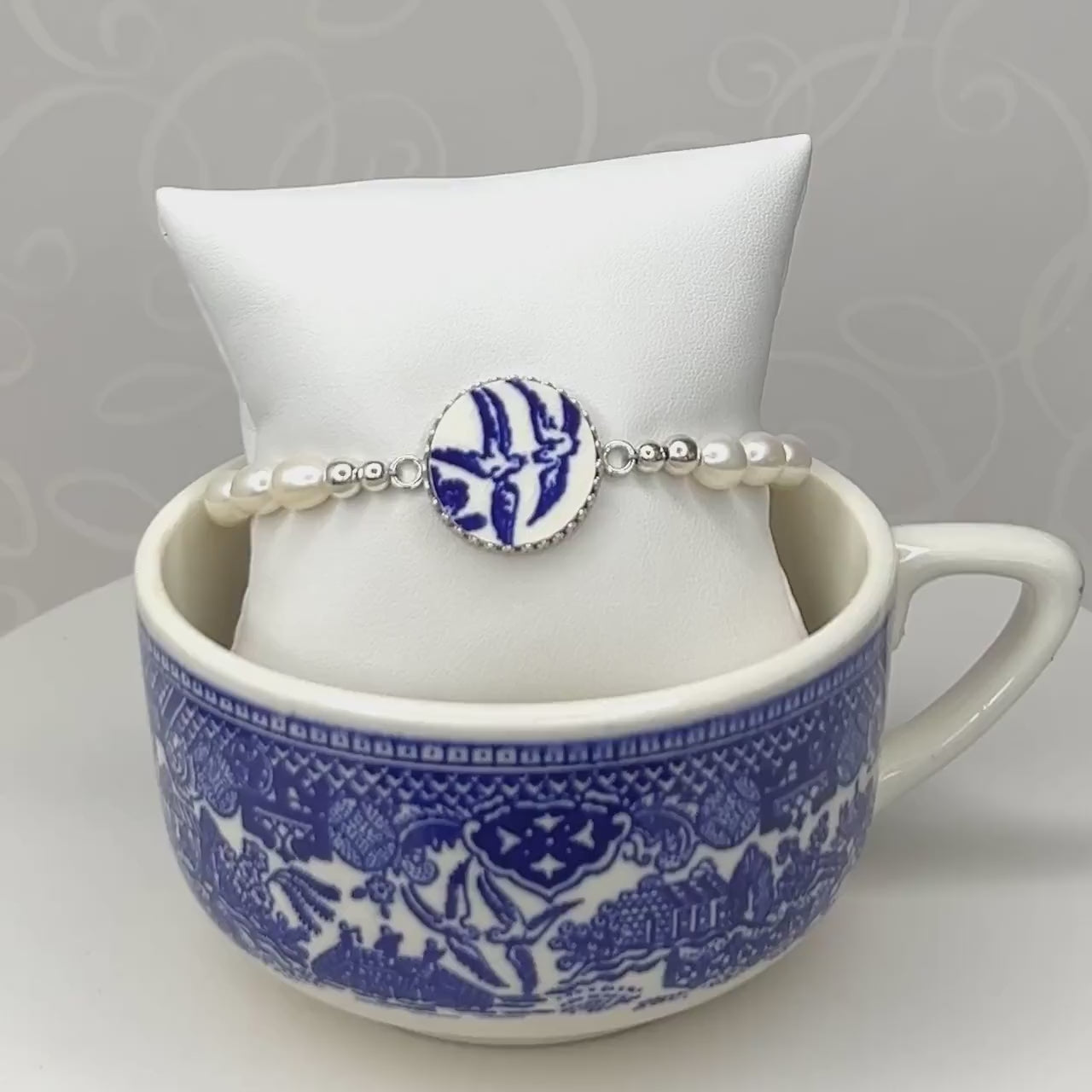 Love Birds Blue Willow China Pearl Bracelet, Romantic 18th or 20th Anniversary Gifts for Wife