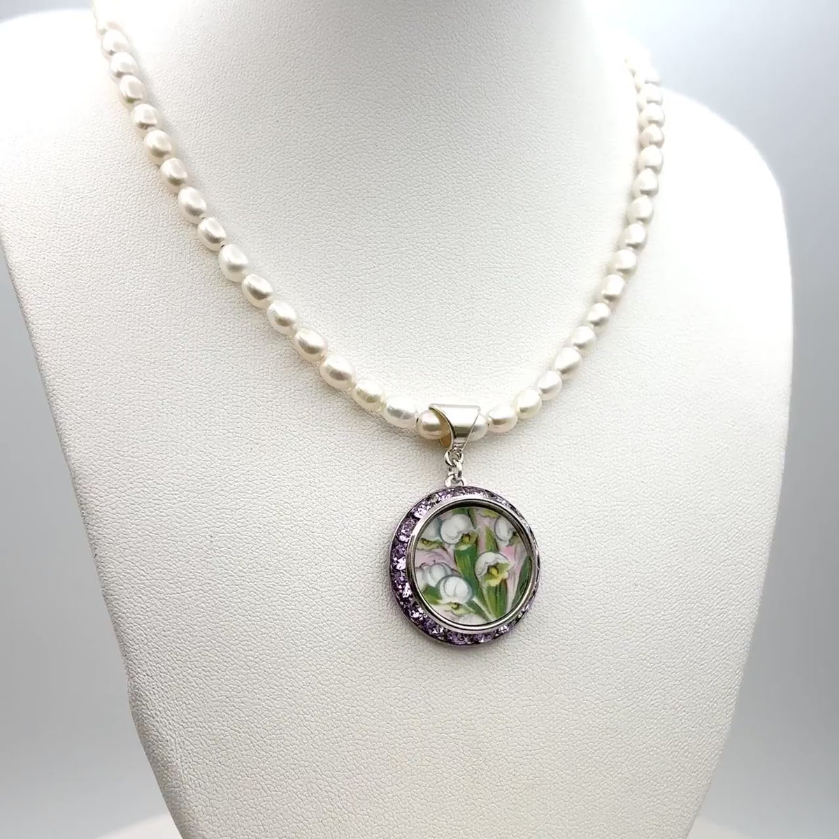 Vintage Porcelain Necklace, 18th Anniversary Gift for Wife, Crystal Lily of the Valley Jewelry
