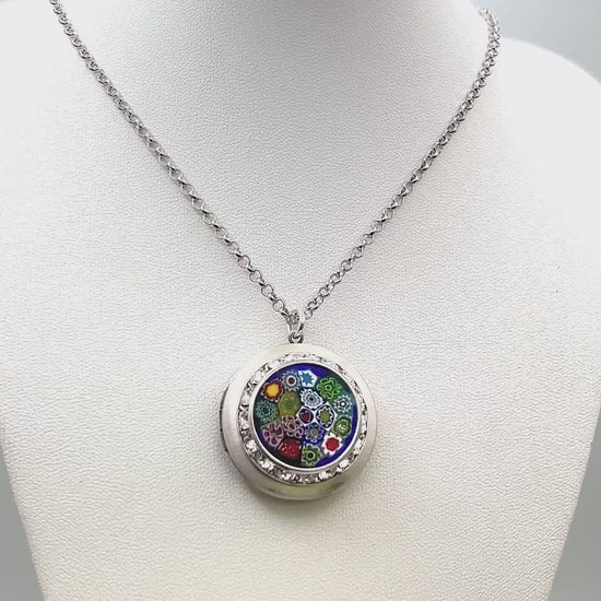 One-of-a-Kind, Italian Millefiori Art Glass Locket, Silver Photo Locket Necklace