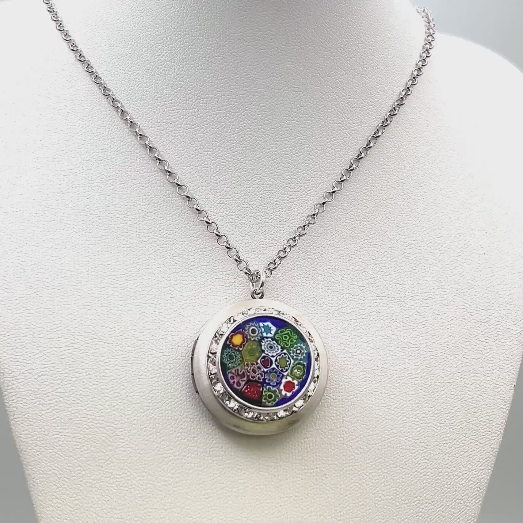 One-of-a-Kind, Italian Millefiori Art Glass Locket, Silver Photo Locket Necklace