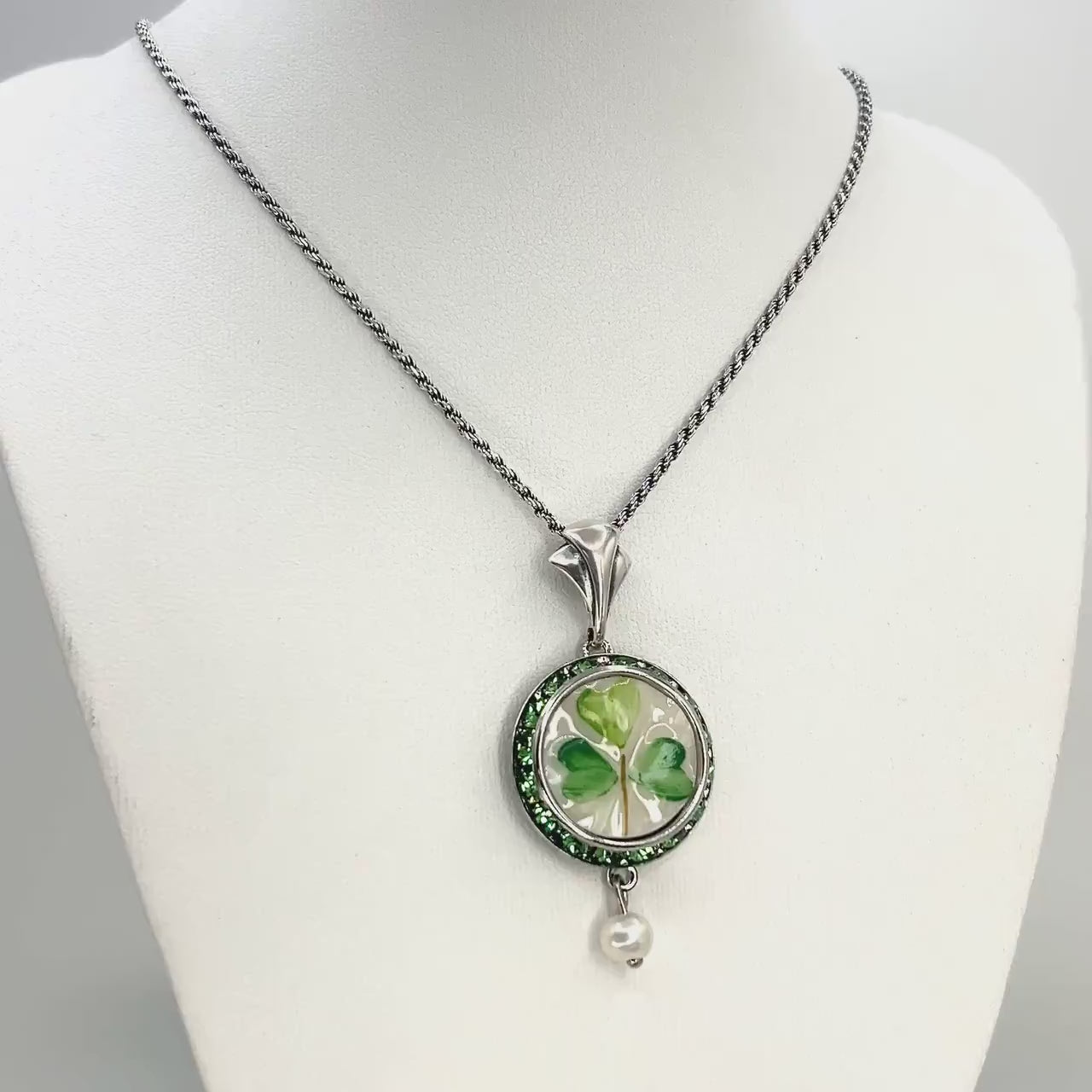 Crystal & Pearl Shamrock Necklace, Repurposed 1920's Irish Belleek, Celtic Jewelry Gifts for Women