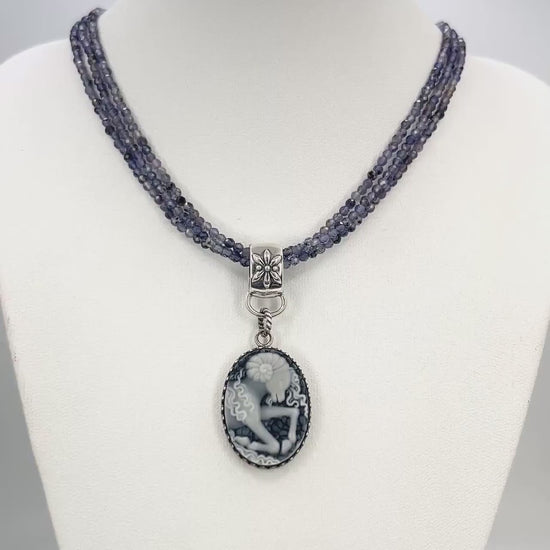 One-of-a-Kind Aries Ram Cameo Necklace, Astrology Birth Sign Jewelry, Sterling Silver and Iolite Stones