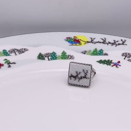 Square Reindeer Ring, Lenox Sleighride Christmas Ring, Broken China Jewelry, Stocking Stuffer Gifts for Her