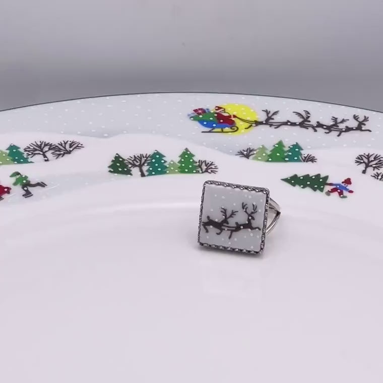 Square Reindeer Ring, Lenox Sleighride Christmas Ring, Broken China Jewelry, Stocking Stuffer Gifts for Her