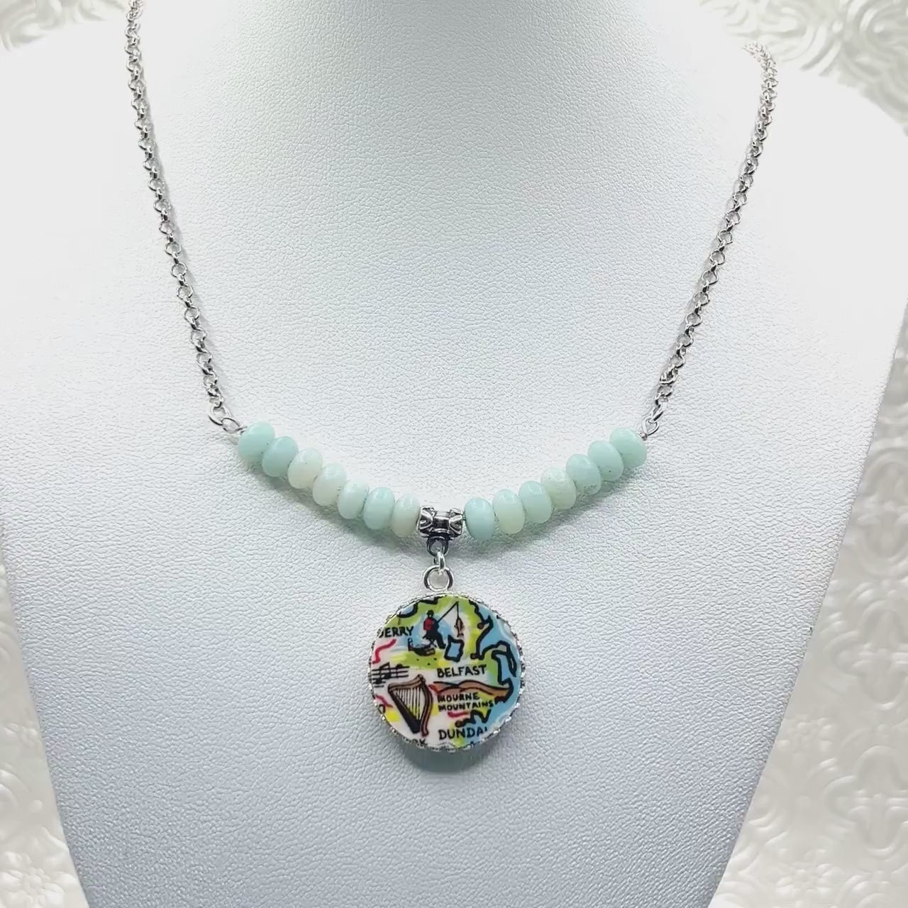 One-of-a-Kind Vintage Map of Ireland Necklace, Sterling Silver and Amazonite Celtic Harp Necklace, Unique Irish Gifts for Women
