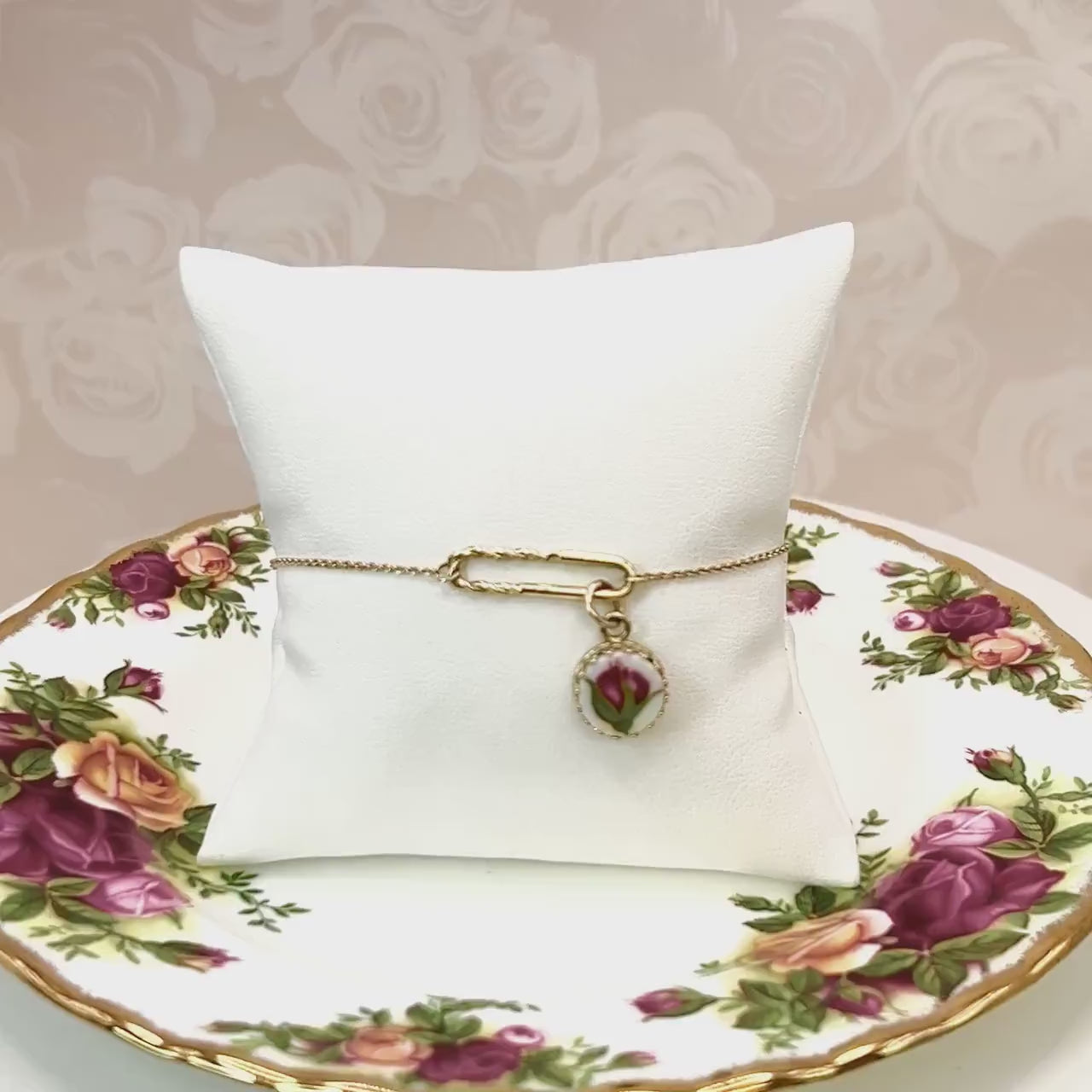 Dainty 14k Solid Gold Rose Charm Bracelet, Old Country Roses Broken China Jewelry, Romantic 20th Anniversary Gift for Wife
