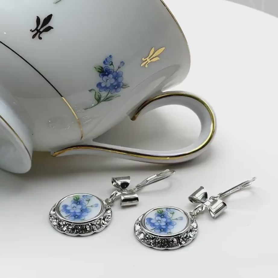 Crystal Forget Me Not Earrings, Broken China Jewelry, Unique Cottagecore Jewelry, Vintage Porcelain