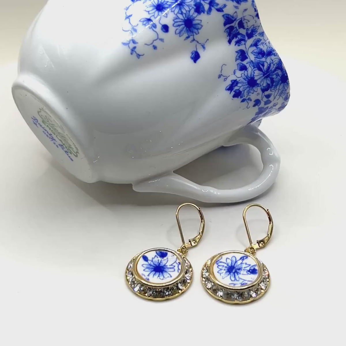 20th Anniversary Gift for Wife, Shelley Dainty Blue China Pattern, Gold Daisy Broken China Jewelry Earrings, Blue and White