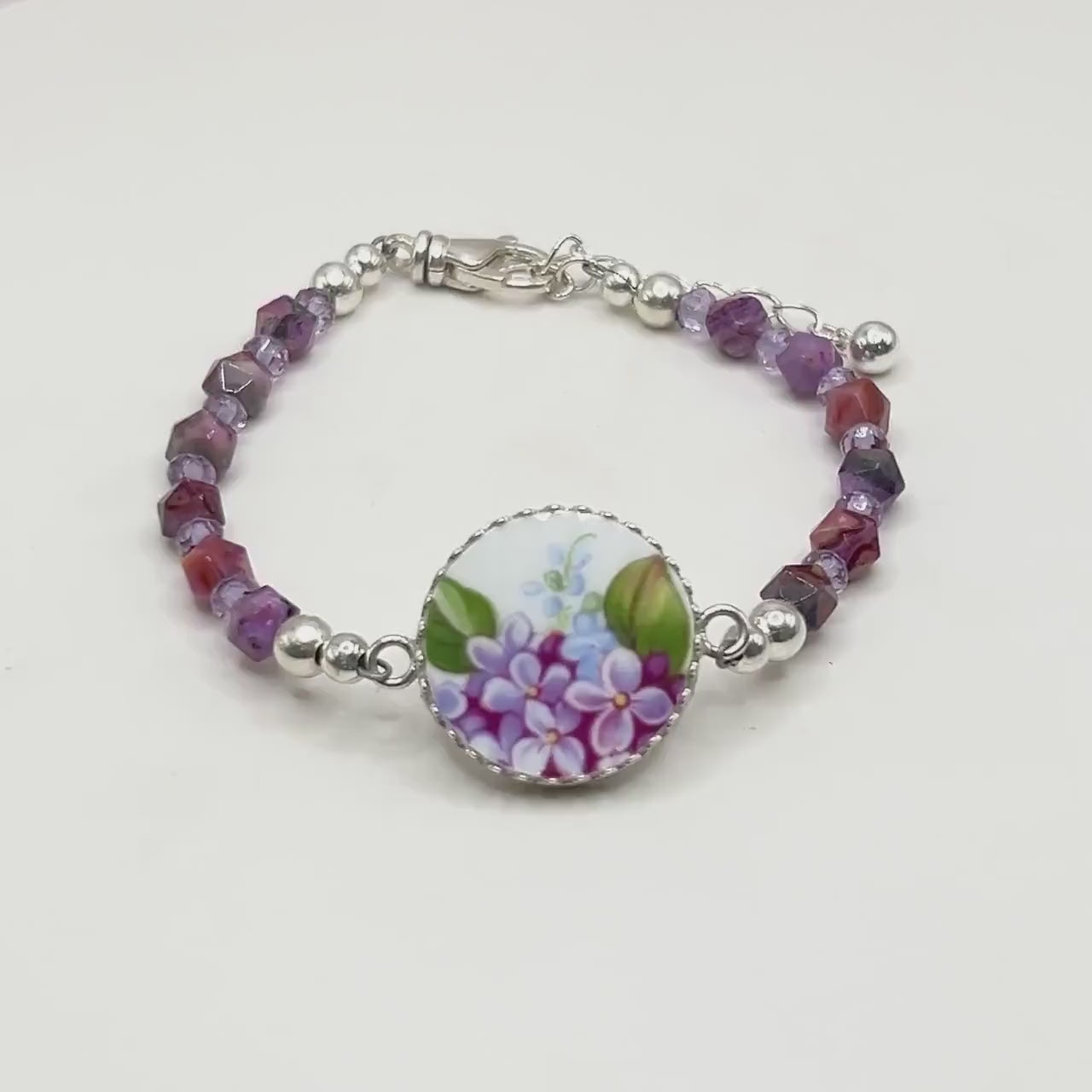 Purple Lilac Bracelet, 20th Anniversary Gift for Wife, Broken China Jewelry, Natural Jasper Gemstones, Sterling Silver Statement Bracelet