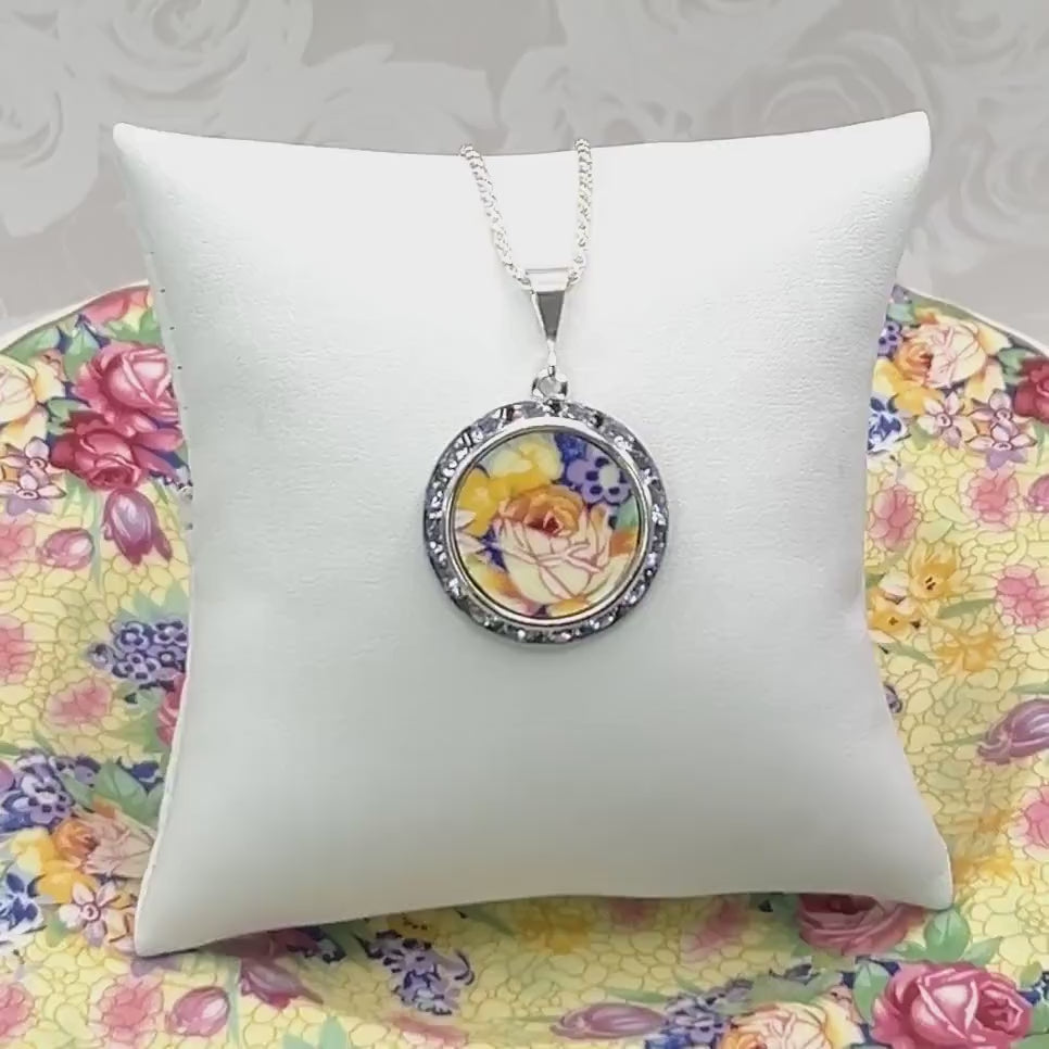 Vintage Yellow Rose Chintz China, Tanzanite Color Crystal Necklace, Unique Friendship Gifts for Women