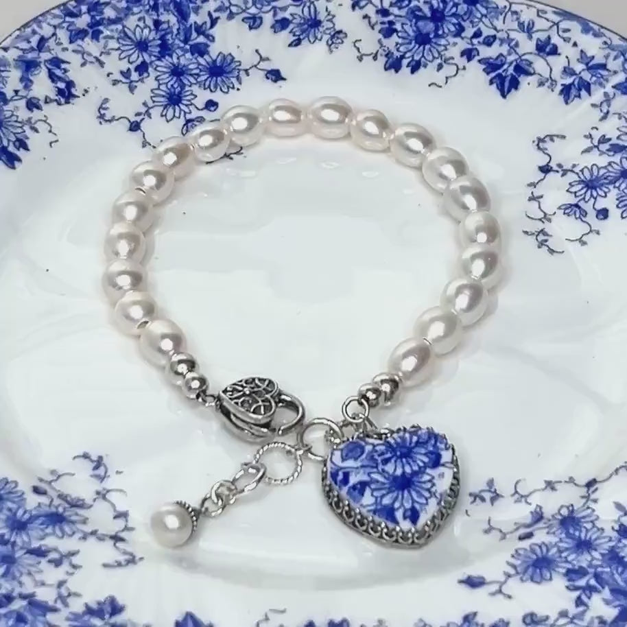 20th Anniversary Gift for Wife, Daisy Pearl Bracelet, Shelley Dainty Blue Broken China Jewelry, Unique Gifts for Women