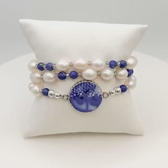 Antique Flow Blue Porcelain, One-of-a-Kind Freshwater Pearl Wrap Bracelet, 18th Anniversary Gifts for Wife