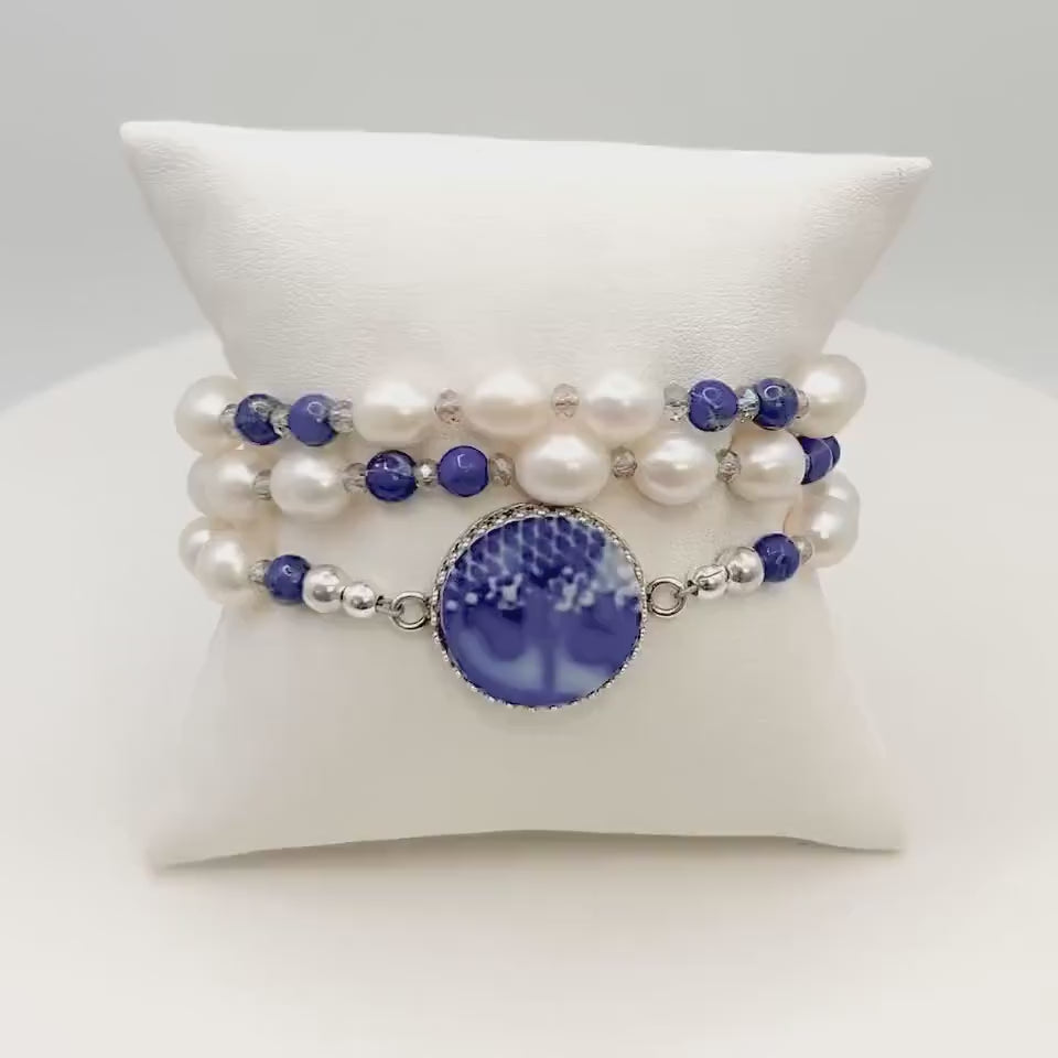 Antique Flow Blue Porcelain, One-of-a-Kind Freshwater Pearl Wrap Bracelet, 18th Anniversary Gifts for Wife