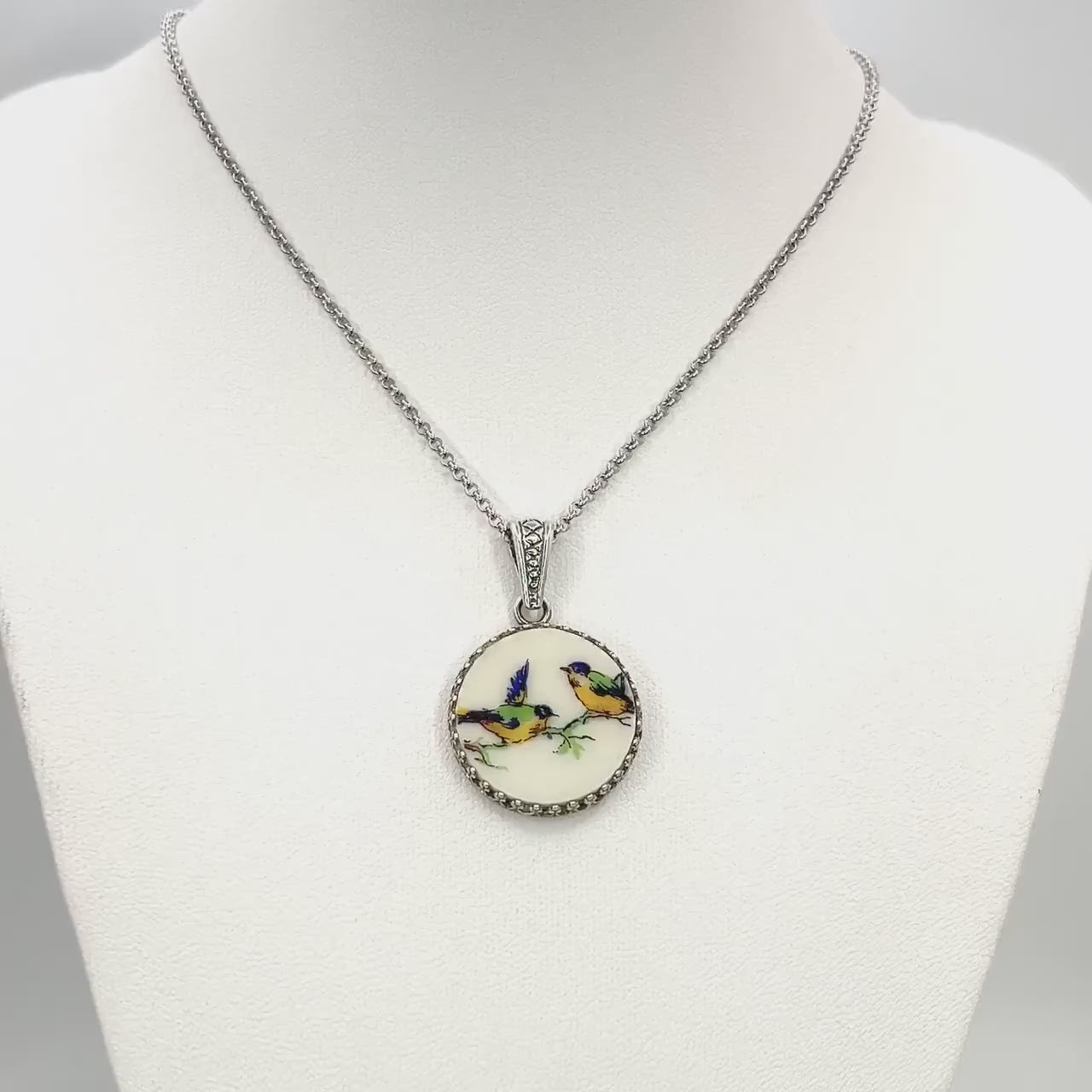 Adjustable Love Birds Necklace, Vintage Broken China Jewelry, Handmade 20th Anniversary Gift for Wife