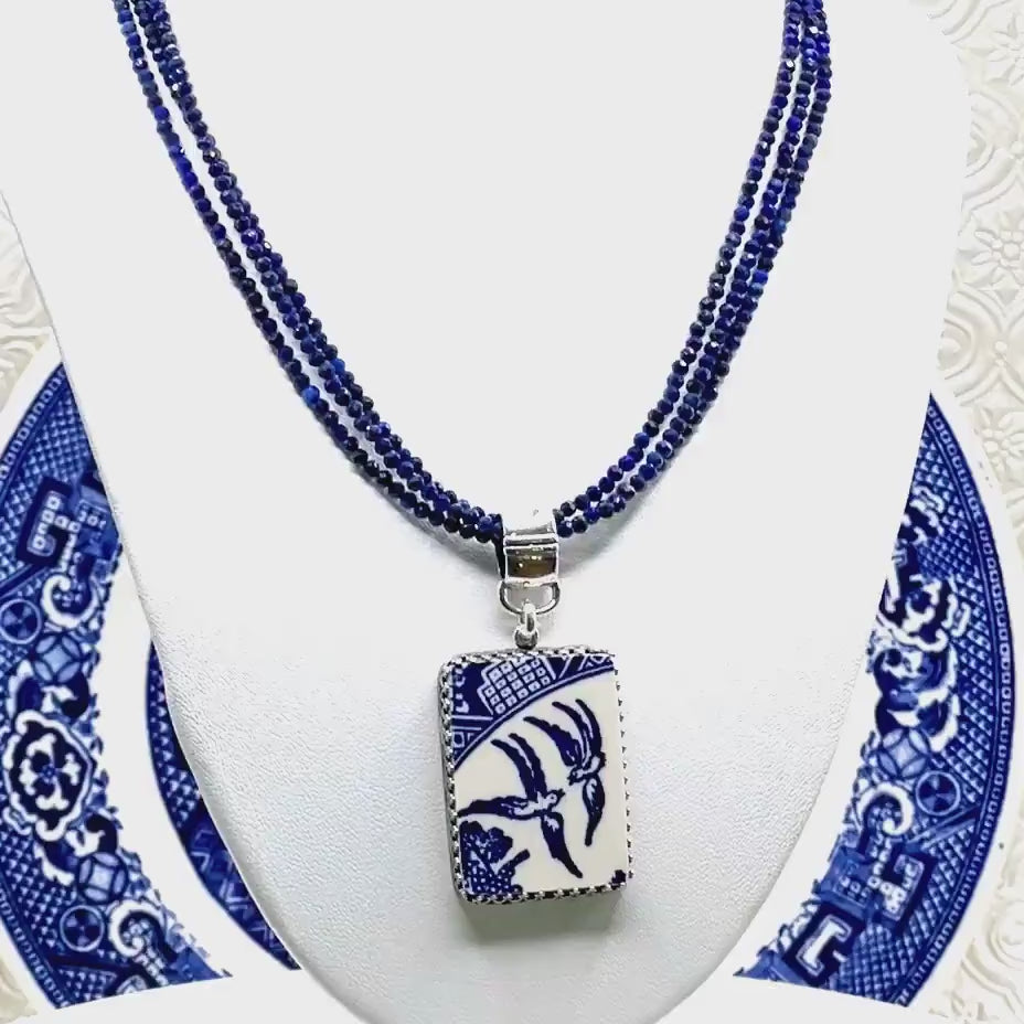 Lapis Lazuli and Love Birds Broken China Jewelry Necklace, 9th Anniversary Gift for Wife, Blue Willow