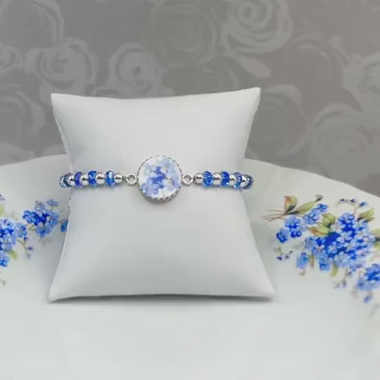 Sapphire Forget-Me-Not Broken China Bracelet, Unique Anniversary Gift for Her