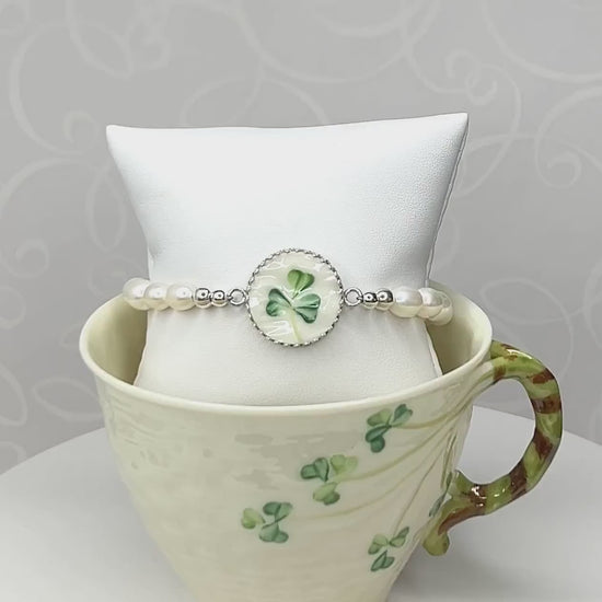 Belleek Irish Shamrock Bracelet, Freshwater Pearl Bracelet, Broken China Jewelry, Unique 20th Anniversary Gift for Wife, Hand Painted Clover