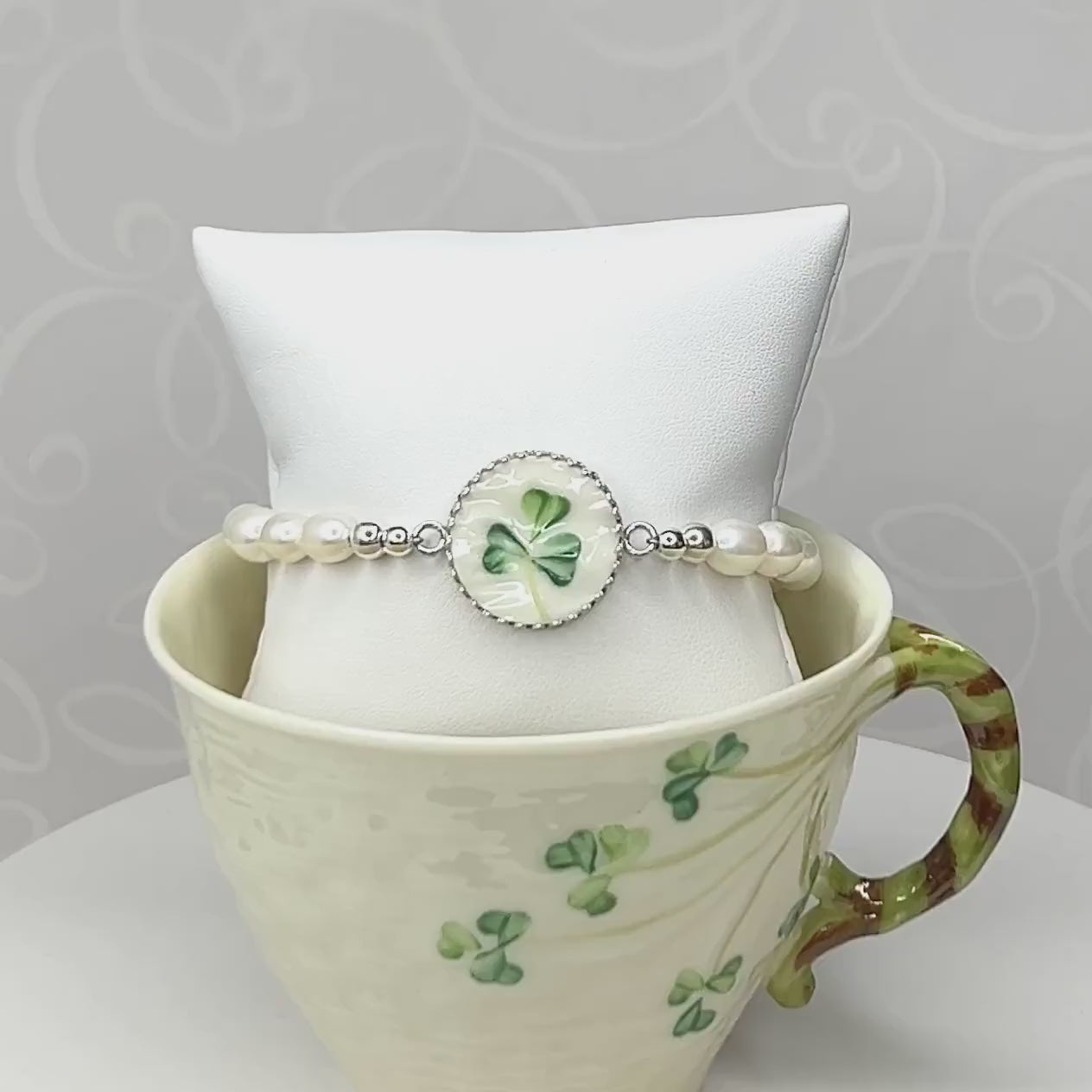 Belleek Irish Shamrock Bracelet, Freshwater Pearl Bracelet, Broken China Jewelry, Unique 20th Anniversary Gift for Wife, Hand Painted Clover