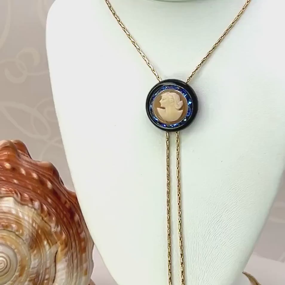 One-of-a-Kind Long Gold Cameo Necklace, Vintage Onyx & Shell Came  Adjustable Blue Crystal Necklace, Italian Cameo Jewelry