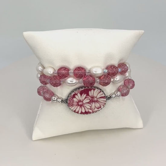 Strawberry Fair Beaded Wrap Bracelet, Vintage Broken China Jewelry,Rose Quartz & Pearl Bracelet