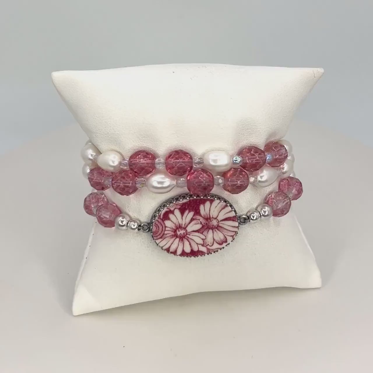 Strawberry Fair Beaded Wrap Bracelet, Vintage Broken China Jewelry,Rose Quartz & Pearl Bracelet