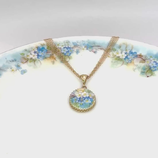 14K Gold Forget Me Nots Necklace, Broken China Jewelry, Solid Gold 20th Wedding Anniversary Gifts for Wife, Gift for Bride From Groom