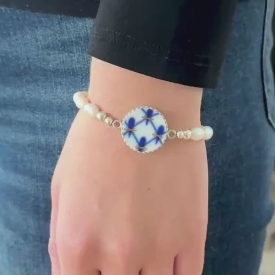 Lomonosov Cobalt Net Pearl Bracelet, Porcelain Broken China Jewelry, 20th Anniversary Gift for Wife, Handmade Artisan Jewelry