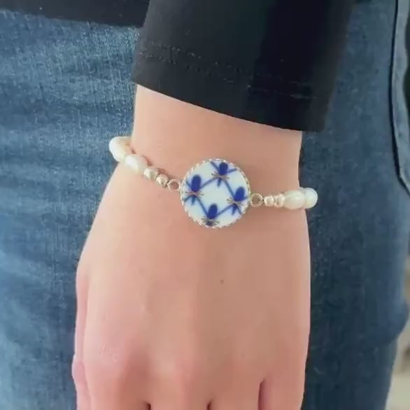 Lomonosov Cobalt Net Pearl Bracelet, Porcelain Broken China Jewelry, 20th Anniversary Gift for Wife, Handmade Artisan Jewelry