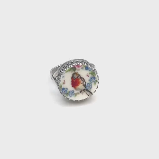 Robin Ring, Forget Me Not Flower Jewelry, Vintage China Ring, Bird Jewelry, Unique Gifts for Women, Broken China Jewelry, Adjustable Ring