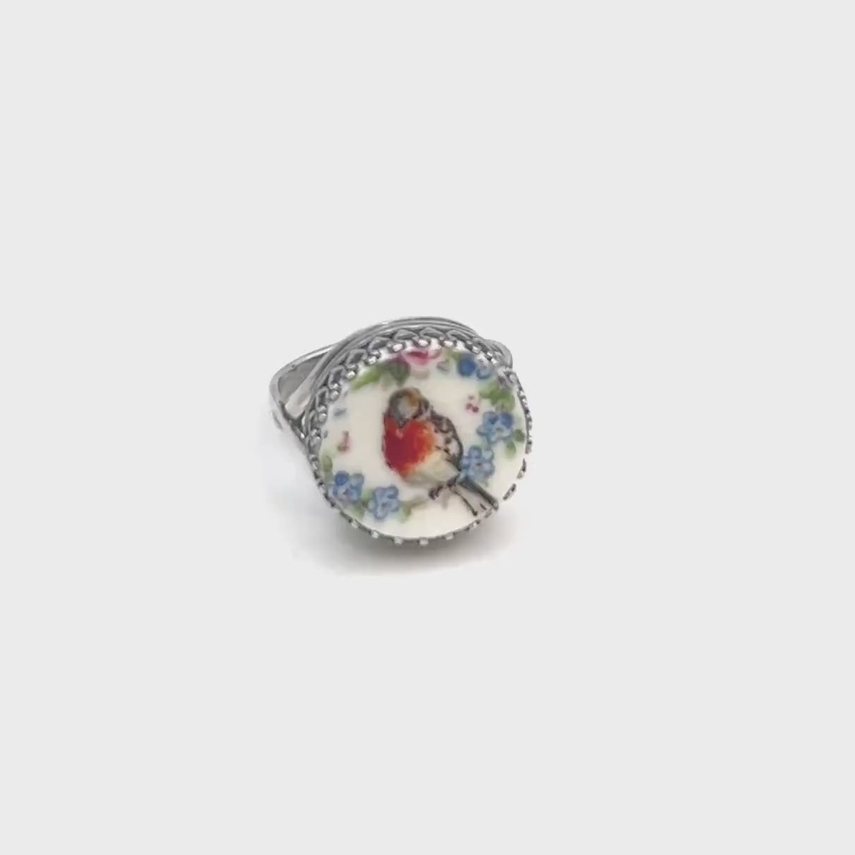 Robin Ring, Forget Me Not Flower Jewelry, Vintage China Ring, Bird Jewelry, Unique Gifts for Women, Broken China Jewelry, Adjustable Ring