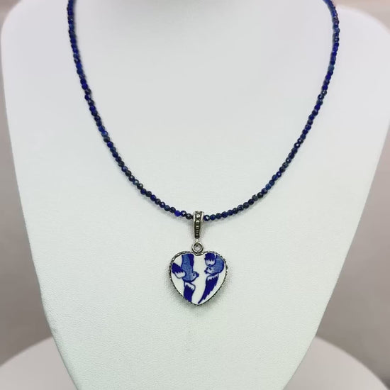 Love Birds 9th Anniversary Blue Willow Gift for Wife, Lapis Lazuli Necklace, Heart Necklace, Sterling Silver, Vintage Broken China Jewelry