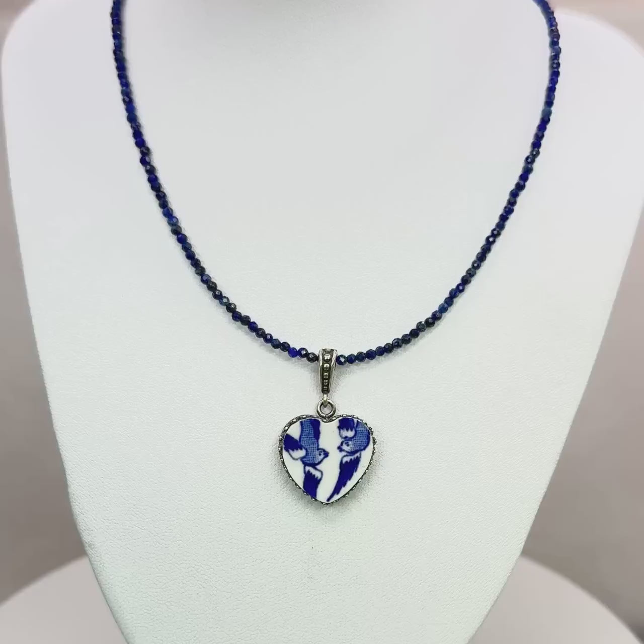Love Birds 9th Anniversary Blue Willow Gift for Wife, Lapis Lazuli Necklace, Heart Necklace, Sterling Silver, Vintage Broken China Jewelry