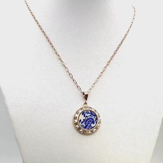 Blue Willow Crystal Necklace,  20th Wedding Anniversary Gifts for Wife, Vintage American China