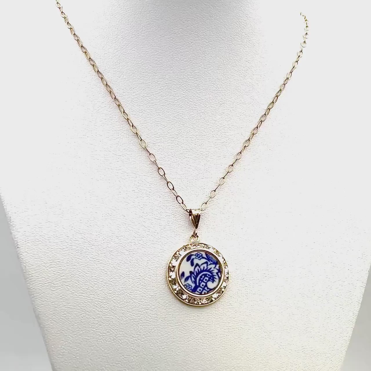 Blue Willow Crystal Necklace,  20th Wedding Anniversary Gifts for Wife, Vintage American China