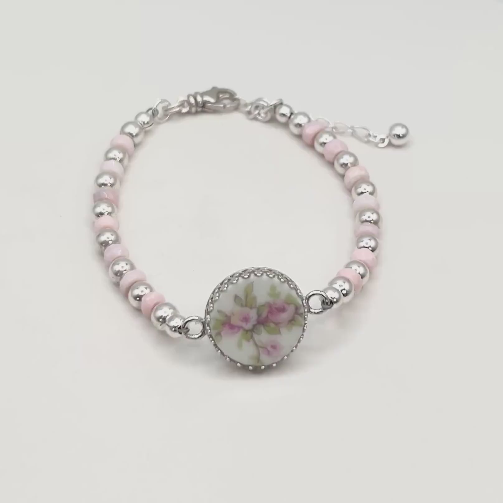 Pink Opal 18th Wedding Anniversary Gift for Wife, Sterling Silver Bracelet, Porcelain Broken China Jewelry